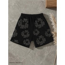 Oversize  Şort - 3D Puff Kabarık Çiçek Baskılı Pamuklu Şort