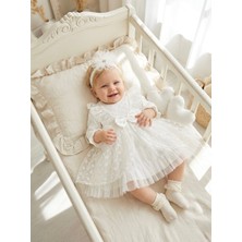 Bebila Baby Kız Bebek Mevlütlük Elbise Bandanalı Dantelli Yenidoğan Hastane Çıkışı Gelinlik Abiye % 100 Pamuk Mevlitlik 4033