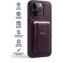 Nare iPhone 15 Pro Max Kartlı Kılıf Magsafe Uyumlu Döner Standlı Tutacaklı Premium Deri Dokulu Siyah Kılıf