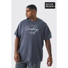 Superlife Erkek Büyük Beden El Yazılı Brooklyn Baskılı 3xl-6xl Bisiklet Yaka Tshırt SPR26BTS510-6