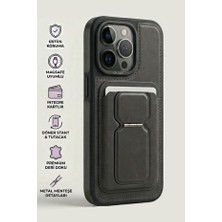 Nare iPhone 13 Pro Max Kartlı Kılıf Magsafe Uyumlu Döner Standlı Tutacaklı Premium Deri Dokulu Siyah Kılıf