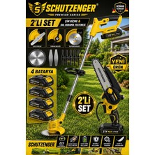 SCHUTZENGER 4 Akülü Set Şarjlı Ot Çim Biçme Makinesi Tırpan ve Şarjlı Dal Budama Testeresi 15CM  Otomatik Yağlamalı 2011C Sarı