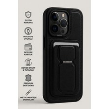 Nare iPhone 13 Pro Max Kartlı Kılıf Magsafe Uyumlu Döner Standlı Tutacaklı Premium Deri Dokulu Siyah Kılıf