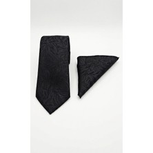 Sdnyazo Louis Cavalle Siyah Desenli Erkek Kravat ve Mendil Seti - Mikrofiber Kumaş