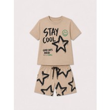 Yiğit Butik Erkek Çocuk Stay Cool Baskılı Şortlu Takım Bej