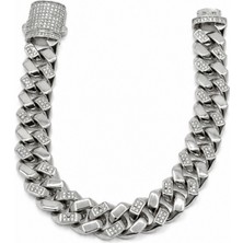 Balenbi Jewelry Kadın Taş Detaylı Gümüş Renk Kalın Gurmet Zincir Kararmaz Çelik Bileklik 1105