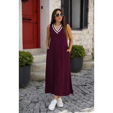 Defy Moda Kadın Kolsuz V Ribana Yakalı Cepli Uzun Viskon Iki Iplik Elbise
