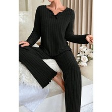 Kapsulavm Kadın Siyah Uzun Kollu Fiyonklu Yuvarlak Yaka Mevsimlik Pijama Takımı