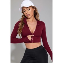 Kapsulavm Kadın Bordo Uzun Kol Fermuarlı Parmak Geçme Detaylı Dik Yaka Crop Top Bluz