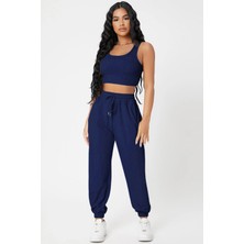 Kapsulavm Kadın Lacivert Kaşkorse Cepli Jogger Eşofman Altı ve Crop Top Bluz