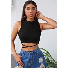 Kapsulavm Kadın Siyah Çapraz Bağlamalı Crop Top Büstiyer