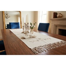 Muguetarts %100 El Işlemeli Pullu Bodrum Keten Mulina Runner Örtü 116X48CM Püskül 10CM