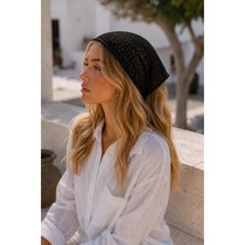 OUS Siyah Fileli Örgü Bandana Kadın Bağlamalı Saç Bandı Hafif Esnek Günlük Bandana