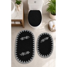 Teksev 3lü Set Siyah Fransız Dantelli Lüks Banyo Paspası Kaymaz Tabanlı Çeyizlik Hediyelik Banyo Paspas Set