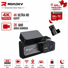 Roadxv S8 4K Ön + 2k Arka Wifi Araç Kamerası, Sony IMX335 Sensör, Gps, Adas, Süper Gece Görüşü, G-Sensör, 64GB Kart Hediyeli