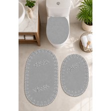 Teksev 3lü Set Gri Fransız Dantelli Lüks Banyo Paspası Kaymaz Tabanlı Çeyizlik Hediyelik Banyo Paspas Seti