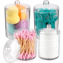Tutucu, Makyaj Makyaj Düzenleyici Depolama, Kapaklı Şeffaf Plastik Eczacı Kavanozları, Banyo Pamuklu Çubuk Dispenseri, 2X10OZ ve 2X7OZ, 4'lü Paket, Kahverengi Ahşap Kapaklar,