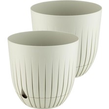 Adet Çizgi Saksı Seti Tabaklı Delikli Plastik Çiçek Saksısı Set (Krem, 5 Litre)