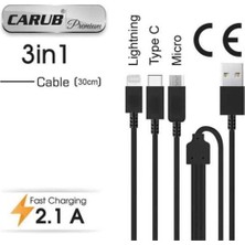Ekolmaks Hızlı Sarj Cihazı 2,1A 3 Lü Type-C-Samsung-Iphone-Usb 30CM Kablolu