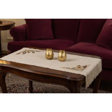 Muguetarts %100 El Işlemeli Altın Nakışlı Sarma Işi Keten Runner Örtü 88X33 cm Püskül 20CM