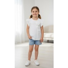 Balgüneş Tekstil Kız Çocuk Çiçek Aplikeli Fırfır Kollu Şık Bluz