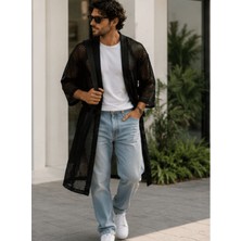Qmen Style Erkek Plaj Kimonosu - Bornozu Siyah File Kumaş.