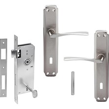 Nikel Saten Oda Kapı Kolu + Hok Er-40 Ekstra Gömme Kilit Iç Kapı Oda Kilidi Rulmanlı Köşeli 40 mm Takım