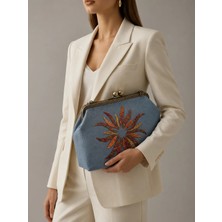 Muguetarts %100 El Yapımı Gri El Çantası – Ipek Kumaş Antep Muare El Dokuması Altın Tel Kırma 37X24 cm