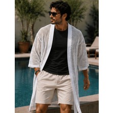 Qmen Style Erkek Plaj Kimonosu - Plaj Giysisi -Beyaz File Kumaş