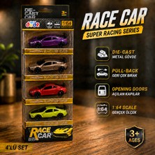 4'lü Die Cast Metal Spor Araba Seti – 1:64 Ölçek - Çek Bırak Mekanizmalı - Açılır Kapı & Bagaj - Kutulu Koleksiyon