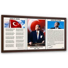 Atatürk Portresi Istiklal Marşı Gençliğe Hitabe Çerçeveli Tablo 3'lü Eğitim Seti Duvar Panosu Okul Sınıf Makam Odası Ofis Dekorasyonu Mdf Çerçeve