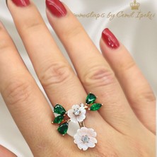 lpsankara Çiçek Motif Peridot Taşlı Uzun Gümüş Yüzük (Rose)
