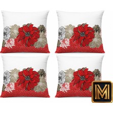 Medet Home Kırlent 8 4'lü Dekoratif Kırlent Kılıfı Seti 45X45 cm Kırmızı Çiçek Desenli Modern Salon ve Koltuk Yastık Kılıfı Gizli Fermuarlı Baskılı Kumaş Trend