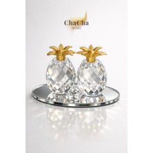 YNSK Ong Laı- Dekoratif Kristal Cam Ananas Dekor Obje – Gold Metal Çiçek, 11X8 cm Aynalı Standlı
