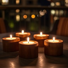 YNSK 4'lü Doğal Ham Ahşap Tealight Mumluk Seti + 4 Adet Mum Hediyeli