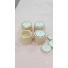 YNSK 4'lü Doğal Ham Ahşap Tealight Mumluk Seti + 4 Adet Mum Hediyeli