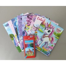 Ada Çanta Kırtasiye Kız Çocuk 10 Adet Stickerli Boyama Kitabı Seti ve 12 Li Kuru Boya Kalemi FC6111843