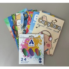 Ada Çanta Kırtasiye Erkek Çocuk 10 Adet Stickerli Boyama Kitabı Seti ve 24 Lü Kuru Boya Kalemi EL4666843