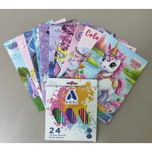 Ada Çanta Kırtasiye Kız Çocuk 10 Adet Stickerli Boyama Kitabı Seti ve 24 Lü Kuru Boya Kalemi EL4406843