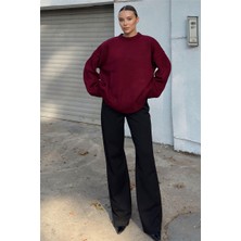 Swist Bordo Biscuit Bisiklet Yaka Oversize Kadın Triko Kazak