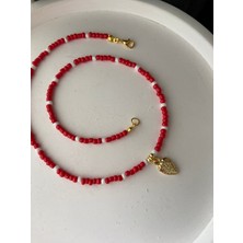 Anetta Jewelry Kadın Tasarım Kırmızı Kum Boncuklu Altın Renk Çilek Uçlu Kolye