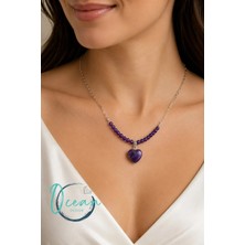 Ocean Desing El Yapımı Ametist Taşlı Kadın Kolye 45 cm Paslanmaz Çelik Zincirli Ametist Kalp Uçlu Şık Tasarım