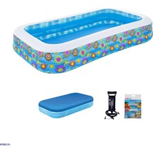 Bestway Çiçek Desenli Şişme Aile Havuzu 305X183X56 cm + El Pompası + Üst Kapama Örtüsü 54121 BW626