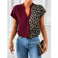 Moda Loris Kadın Kısa Kollu V Hakim Yakalı Leopar Desenli Sandy Bluza