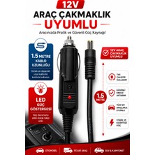 CoverZone Araba Solar Panel Uyumlu 12V Araç Çakmaklık Güç Kablosu 1.5 Metre Dc 5.5x2.1mm Erkek Konnektörlü Adaptör Kablosu LED Göstergeli Araç Güç Besleme Kablosu Monitör Kamera Dvr Modem Uyumlu | Cd7