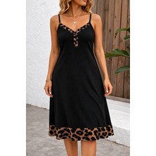 Deridün Yıldız Shoes Kadın Ip Askılı V Yakalı Leopar Desenli Midi Viskon Elbise