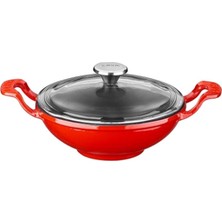 Lava Döküm Metal Kulplu Cam Kapaklı Wok Tava 16 cm Kırmızı