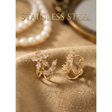 Stainless Steel Pirinç Gold Renk Zirkon Taşlı Çiçek Model Küpe
