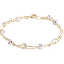 Emiliano Jewellery Emılıano Jewellery Zirkon Taşlı Pırlanta Montür Altın Kaplama Iki Sıra Zincirli Gümüş Bileklik