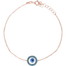 Emiliano Jewellery Turkuaz Taşlı Rose Altın Kaplamalı Ortası Mineli Göz Desenli Gümüş Bileklik